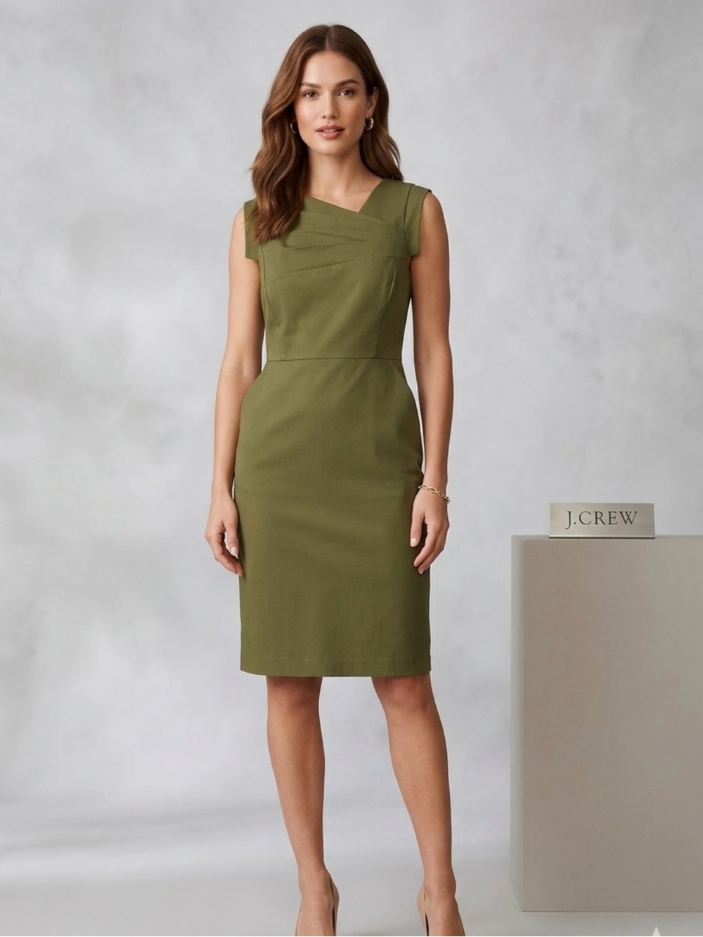 J. Crew Olive Sheath Dress with Asymmetric Pleats and Pockets Size 14